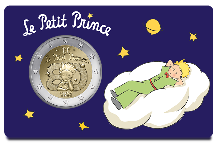 『星の王子さま』2ユーロ記念貨　雲の上で星を眺める王子さま
