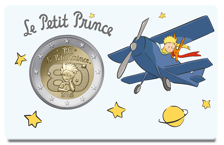 『星の王子さま』2ユーロ記念貨　飛行機で旅をする王子さま