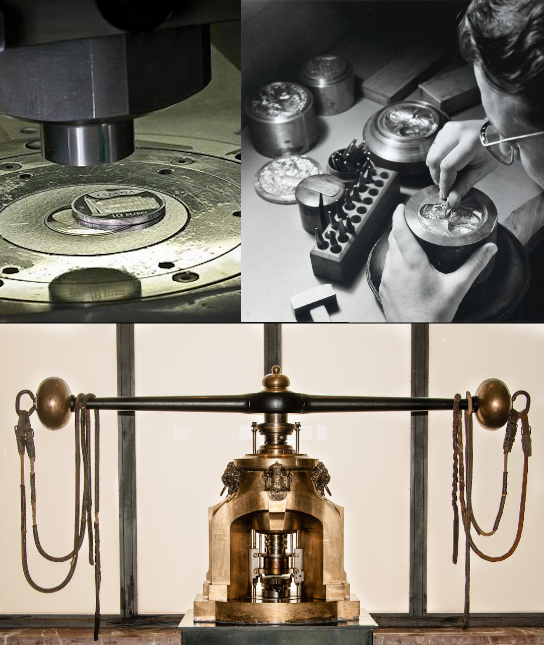 左上：コイン鋳造機、右上：ダイ作成中、下：造幣局博物館の展示品